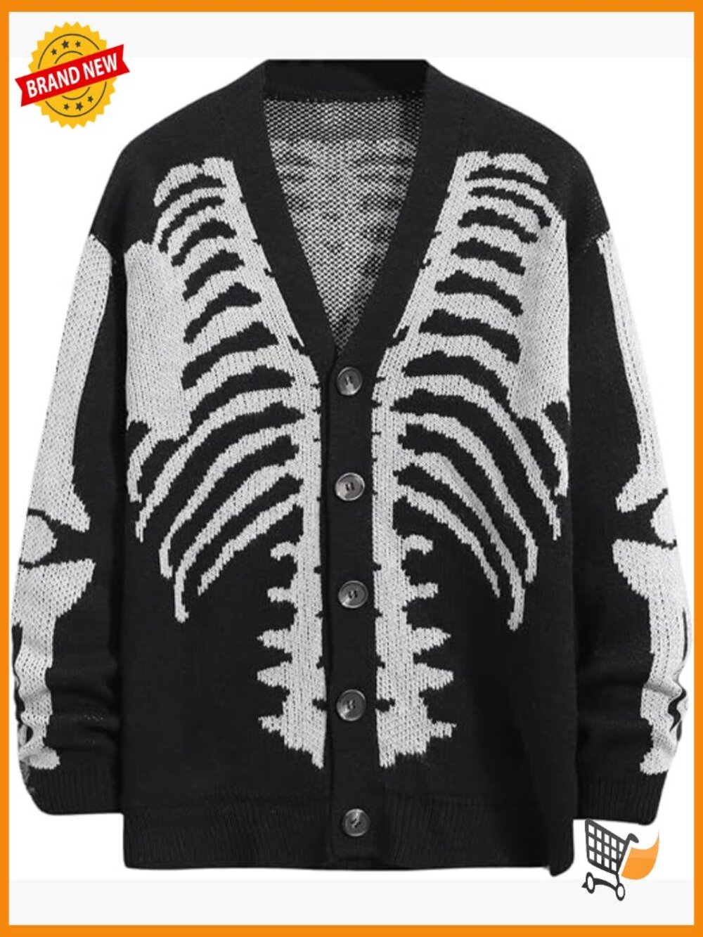 Skeleton Print Button Down Cardigan V Neck Loose Fit Grunge Sweater Coat